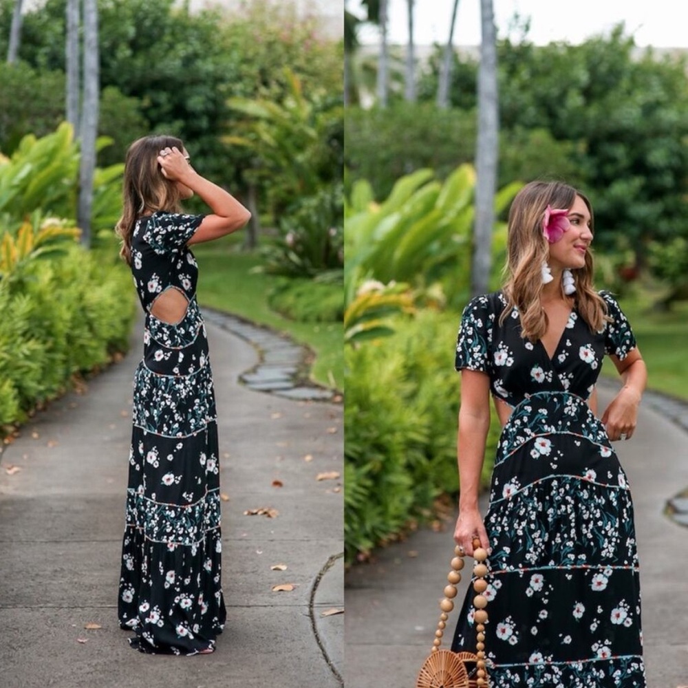BA&SH Blush Noir Black Floral Side Cut Out Short Sleeve Maxi Dress 0